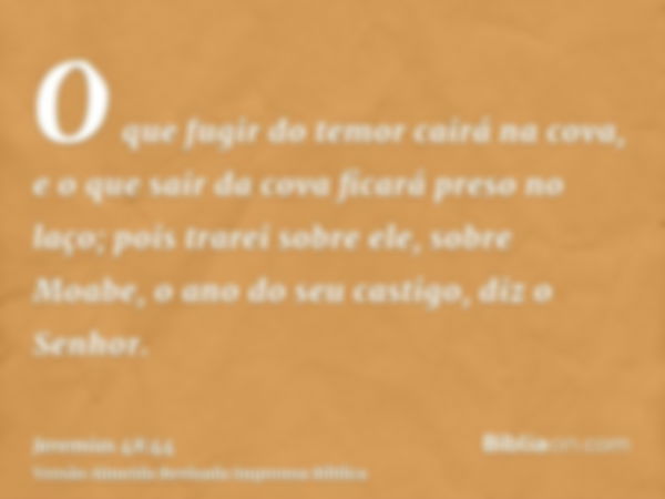 O que fugir do temor cairá na cova, e o que sair da cova ficará preso no laço; pois trarei sobre ele, sobre Moabe, o ano do seu castigo, diz o Senhor.