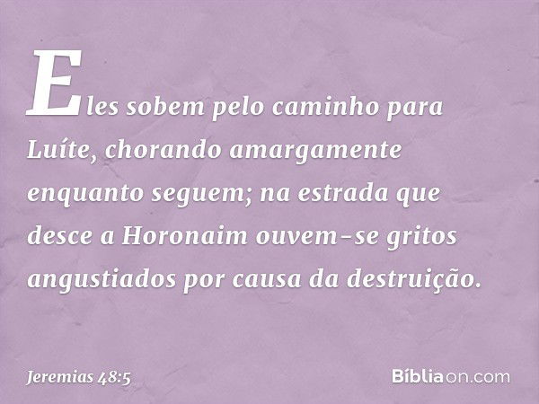 Eles sobem pelo caminho para Luíte,
chorando amargamente
enquanto seguem;
na estrada que desce a Horonaim
ouvem-se gritos angustiados
por causa da destruição. -