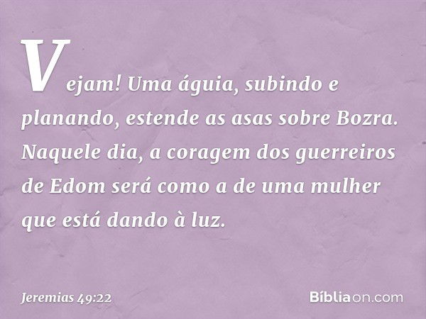 Vejam! Uma águia,
subindo e planando,
estende as asas sobre Bozra.
Naquele dia,
a coragem dos guerreiros de Edom
será como a de uma mulher que está dando à luz.