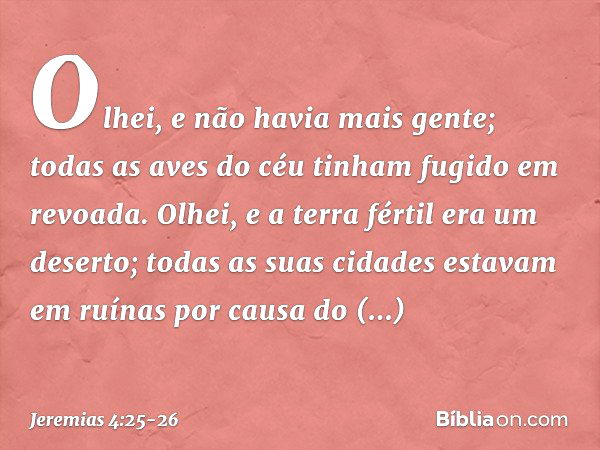 Olhei, e não havia mais gente;
todas as aves do céu
tinham fugido em revoada. Olhei, e a terra fértil era um deserto;
todas as suas cidades estavam em ruínas
po