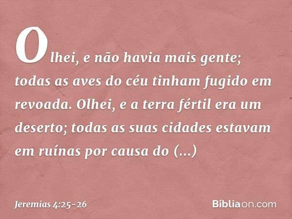 Olhei, e não havia mais gente;
todas as aves do céu
tinham fugido em revoada. Olhei, e a terra fértil era um deserto;
todas as suas cidades estavam em ruínas
po