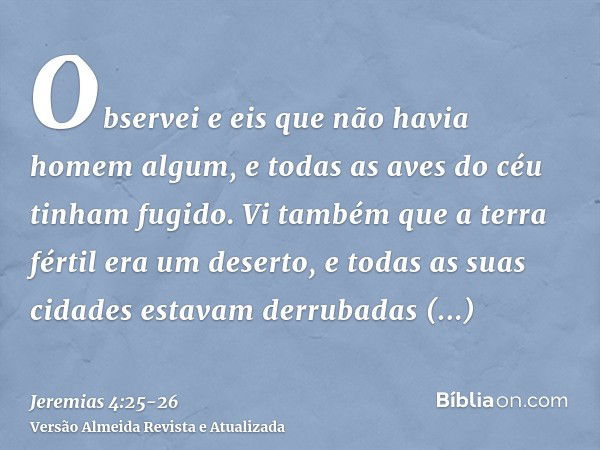 Observei e eis que não havia homem algum, e todas as aves do céu tinham fugido.Vi também que a terra fértil era um deserto, e todas as suas cidades estavam derr