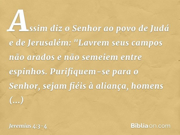 Assim diz o Senhor
ao povo de Judá e de Jerusalém:
"Lavrem seus campos não arados
e não semeiem entre espinhos. Purifiquem-se para o Senhor,
sejam fiéis à alian