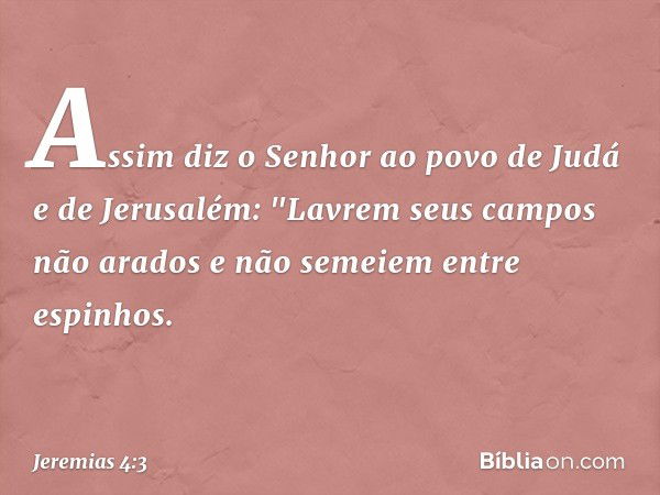 Assim diz o Senhor
ao povo de Judá e de Jerusalém:
"Lavrem seus campos não arados
e não semeiem entre espinhos. -- Jeremias 4:3