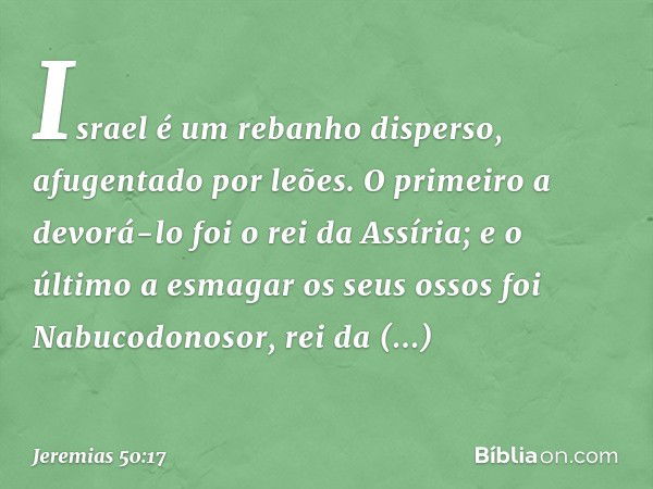 "Israel é um rebanho disperso,
afugentado por leões.
O primeiro a devorá-lo
foi o rei da Assíria;
e o último a esmagar os seus ossos
foi Nabucodonosor, rei da B