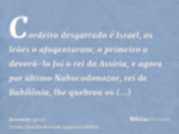 Cordeiro desgarrado é Israel, os leões o afugentaram; o primeiro a devorá-lo foi o rei da Assíria, e agora por último Nabucodonozor, rei de Babilônia, lhe quebr