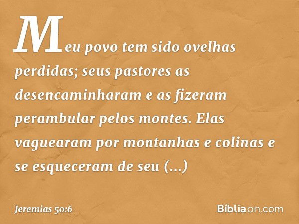 "Meu povo tem sido ovelhas perdidas;
seus pastores as desencaminharam
e as fizeram perambular pelos montes.
Elas vaguearam por montanhas e colinas
e se esquecer