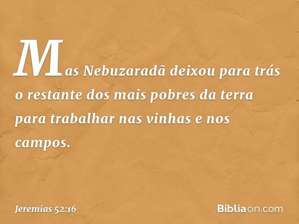 Mas Nebuzaradã deixou para trás o restante dos mais pobres da terra para trabalhar nas vinhas e nos campos. -- Jeremias 52:16