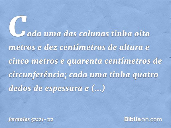 Cada uma das colunas tinha oito metros e dez centímetros de altura e cinco me­tros e quarenta centímetros de circunferência; cada uma tinha quatro dedos de espe