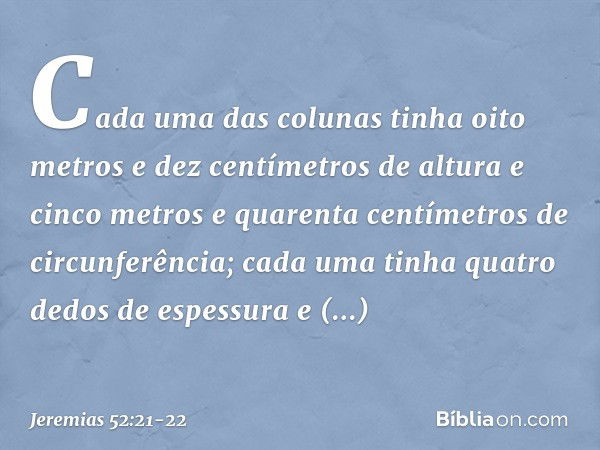 Cada uma das colunas tinha oito metros e dez centímetros de altura e cinco me­tros e quarenta centímetros de circunferência; cada uma tinha quatro dedos de espe