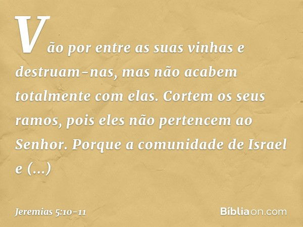 "Vão por entre as suas vinhas
e destruam-nas,
mas não acabem totalmente com elas.
Cortem os seus ramos,
pois eles não pertencem ao Senhor. Porque a comunidade d