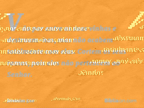 "Vão por entre as suas vinhas
e destruam-nas,
mas não acabem totalmente com elas.
Cortem os seus ramos,
pois eles não pertencem ao Senhor. -- Jeremias 5:10
