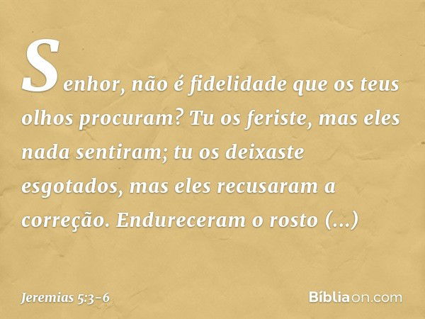 Senhor, não é fidelidade
que os teus olhos procuram?
Tu os feriste, mas eles nada sentiram;
tu os deixaste esgotados,
mas eles recusaram a correção.
Endureceram