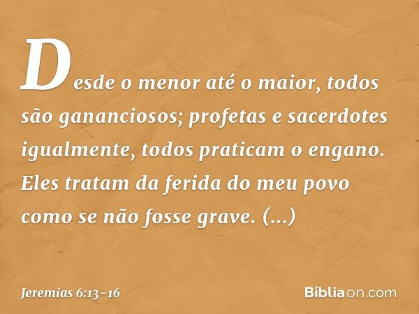 "Desde o menor até o maior,
todos são gananciosos;
profetas e sacerdotes igualmente,
todos praticam o engano. Eles tratam da ferida do meu povo
como se não foss