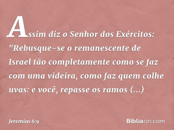 Assim diz o Senhor dos Exércitos:
"Rebusque-se o remanescente de Israel
tão completamente
como se faz com uma videira,
como faz quem colhe uvas:
e você, repasse