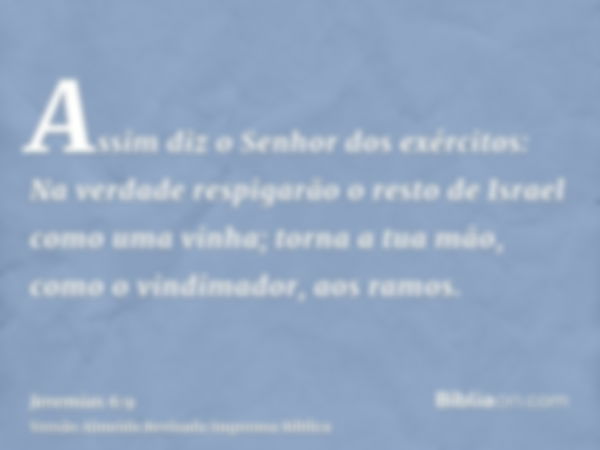 Assim diz o Senhor dos exércitos: Na verdade respigarão o resto de Israel como uma vinha; torna a tua mão, como o vindimador, aos ramos.