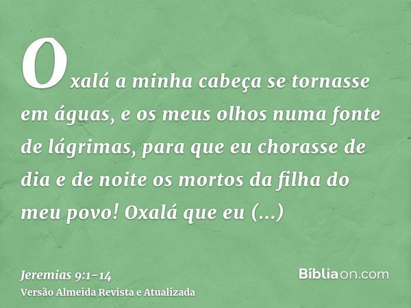 Oxalá a minha cabeça se tornasse em águas, e os meus olhos numa fonte de lágrimas, para que eu chorasse de dia e de noite os mortos da filha do meu povo!Oxalá q