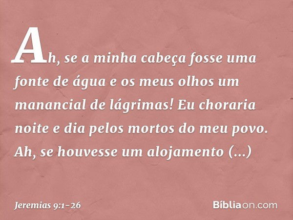 Ah, se a minha cabeça
fosse uma fonte de água
e os meus olhos
um manancial de lágrimas!
Eu choraria noite e dia
pelos mortos do meu povo. Ah, se houvesse um alo