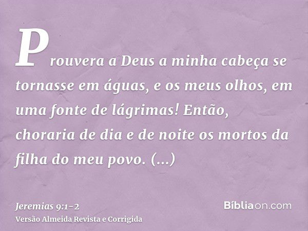 Prouvera a Deus a minha cabeça se tornasse em águas, e os meus olhos, em uma fonte de lágrimas! Então, choraria de dia e de noite os mortos da filha do meu povo