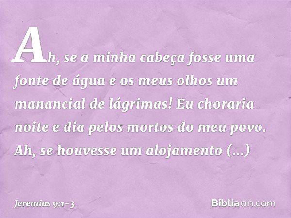 Ah, se a minha cabeça
fosse uma fonte de água
e os meus olhos
um manancial de lágrimas!
Eu choraria noite e dia
pelos mortos do meu povo. Ah, se houvesse um alo