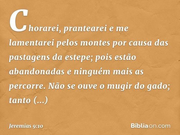 Chorarei, prantearei
e me lamentarei pelos montes
por causa das pastagens da estepe;
pois estão abandonadas
e ninguém mais as percorre.
Não se ouve o mugir do g