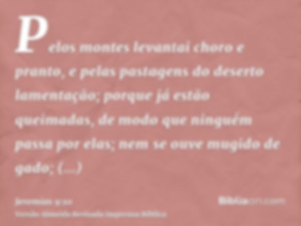 Pelos montes levantai choro e pranto, e pelas pastagens do deserto lamentação; porque já estão queimadas, de modo que ninguém passa por elas; nem se ouve mugido