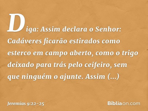 "Diga: Assim declara o Senhor:
"Cadáveres ficarão estirados
como esterco em campo aberto,
como o trigo deixado para trás
pelo ceifeiro,
sem que ninguém o ajunte