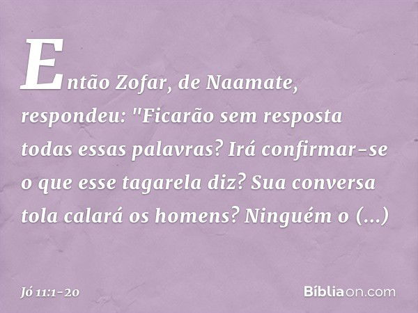 Então Zofar, de Naamate, respondeu: "Ficarão sem resposta
todas essas palavras?
Irá confirmar-se
o que esse tagarela diz? Sua conversa tola calará os homens?
Ni