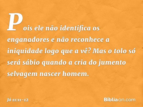 Pois ele não identifica os enganadores
e não reconhece a iniquidade
logo que a vê? Mas o tolo só será sábio
quando a cria do jumento selvagem
nascer ho­mem. -- 