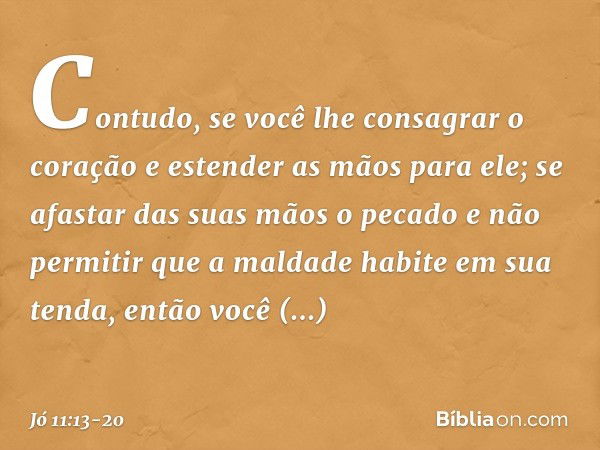 "Contudo, se você lhe consagrar
o coração
e estender as mãos para ele; se afastar das suas mãos o pecado
e não permitir que a maldade
habite em sua tenda, então