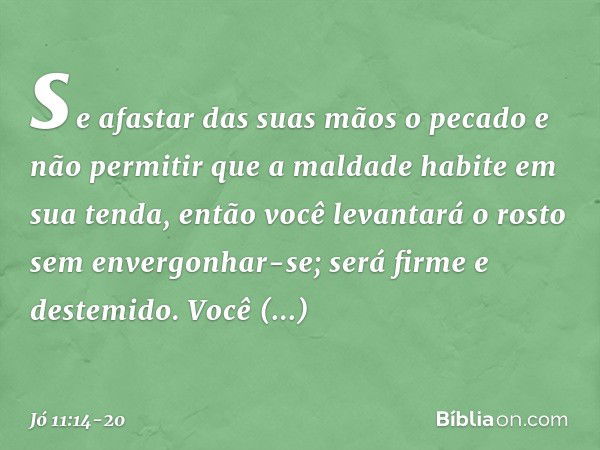 se afastar das suas mãos o pecado
e não permitir que a maldade
habite em sua tenda, então você levantará o rosto
sem envergonhar-se;
será firme e destemido. Voc