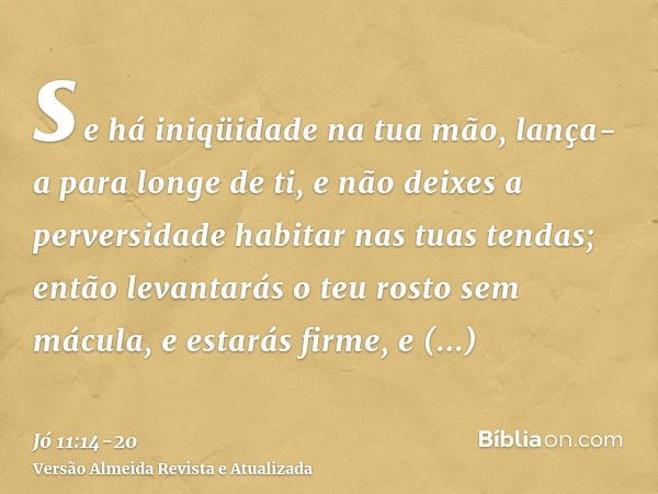 se há iniqüidade na tua mão, lança-a para longe de ti, e não deixes a perversidade habitar nas tuas tendas;então levantarás o teu rosto sem mácula, e estarás fi