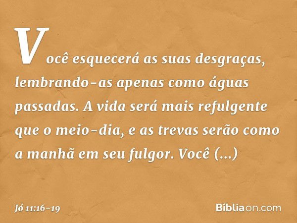 Você esquecerá as suas desgraças,
lembrando-as apenas
como águas passadas. A vida será mais refulgente
que o meio-dia,
e as trevas serão
como a manhã em seu ful