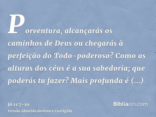 Porventura, alcançarás os caminhos de Deus ou chegarás à perfeição do Todo-poderoso?Como as alturas dos céus é a sua sabedoria; que poderás tu fazer? Mais profu