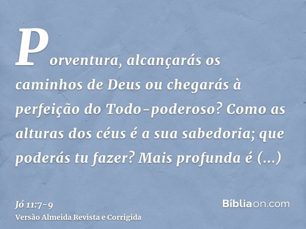 Porventura, alcançarás os caminhos de Deus ou chegarás à perfeição do Todo-poderoso?Como as alturas dos céus é a sua sabedoria; que poderás tu fazer? Mais profu