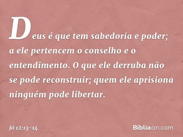 "Deus é que tem sabedoria e poder;
a ele pertencem o conselho
e o entendimento. O que ele derruba
não se pode reconstruir;
quem ele aprisiona
ninguém pode liber