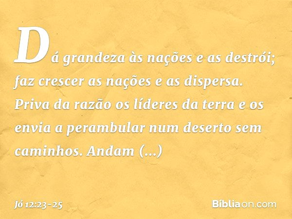 Dá grandeza às nações e as destrói;
faz crescer as nações e as dispersa. Priva da razão os líderes da terra
e os envia a perambular
num deserto sem caminhos. An