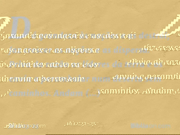 Dá grandeza às nações e as destrói;
faz crescer as nações e as dispersa. Priva da razão os líderes da terra
e os envia a perambular
num deserto sem caminhos. An