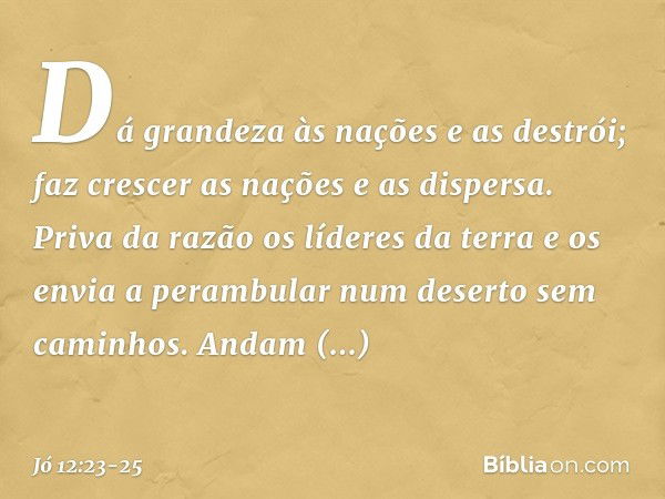 Dá grandeza às nações e as destrói;
faz crescer as nações e as dispersa. Priva da razão os líderes da terra
e os envia a perambular
num deserto sem caminhos. An