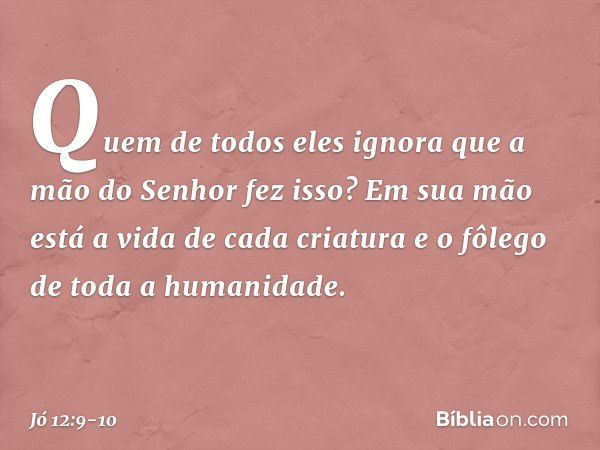 Quem de todos eles ignora
que a mão do Senhor fez isso? Em sua mão
está a vida de cada criatura
e o fôlego de toda a humanidade. -- Jó 12:9-10