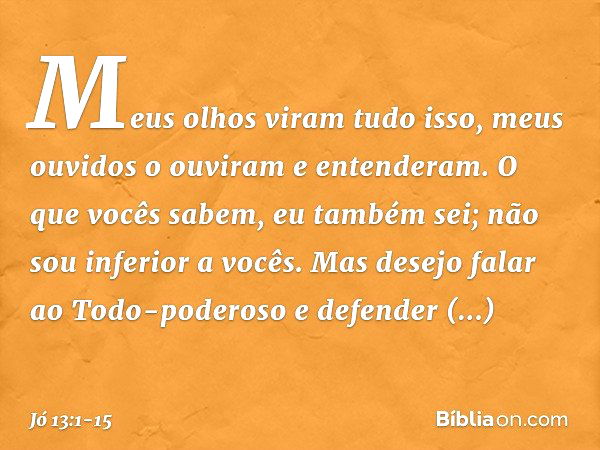 "Meus olhos viram tudo isso,
meus ouvidos o ouviram
e entenderam. O que vocês sabem, eu também sei;
não sou inferior a vocês. Mas desejo falar ao Todo-poderoso
