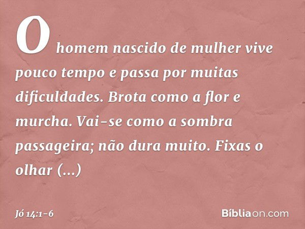 "O homem nascido de mulher
vive pouco tempo
e passa por muitas dificuldades. Brota como a flor e murcha.
Vai-se como a sombra passageira;
não dura muito. Fixas 