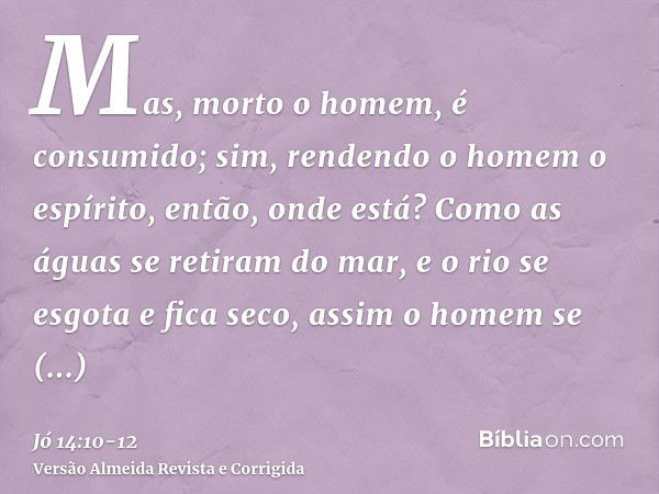 Mas, morto o homem, é consumido; sim, rendendo o homem o espírito, então, onde está?Como as águas se retiram do mar, e o rio se esgota e fica seco,assim o homem