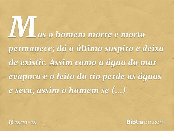 Mas o homem morre
e morto permanece;
dá o último suspiro e deixa de existir. Assim como a água do mar evapora
e o leito do rio perde as águas e seca, assim o ho