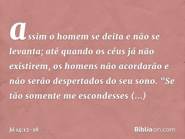 assim o homem se deita
e não se levanta;
até quando os céus já não existirem,
os homens não acordarão
e não serão despertados do seu sono. "Se tão somente me es