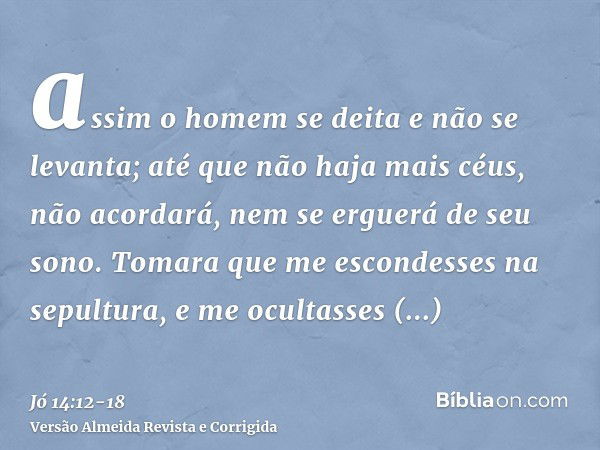 assim o homem se deita e não se levanta; até que não haja mais céus, não acordará, nem se erguerá de seu sono.Tomara que me escondesses na sepultura, e me ocult