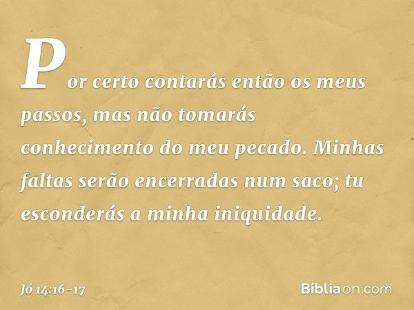 Por certo contarás então
os meus passos,
mas não tomarás conhecimento
do meu pecado. Minhas faltas serão encerradas
num saco;
tu esconderás a minha iniquidade. 