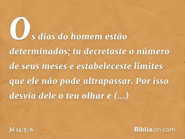 Os dias do homem
estão determinados;
tu decretaste o número de seus meses
e estabeleceste limites
que ele não pode ultrapassar. Por isso desvia dele o teu olhar