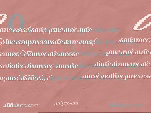 O que você sabe,
que nós não sabemos?
Que compreensão tem você,
que nós não temos? Temos do nosso lado
homens de cabelos brancos,
muito mais velhos
que o seu pa