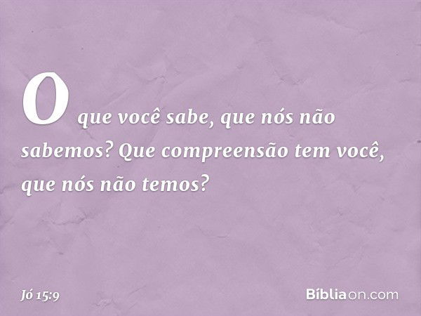 O que você sabe,
que nós não sabemos?
Que compreensão tem você,
que nós não temos? -- Jó 15:9